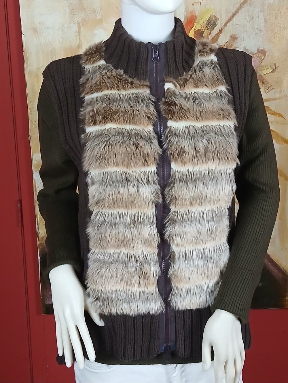 Brown Faux Fur-Trim Zip Front Women's Sweater